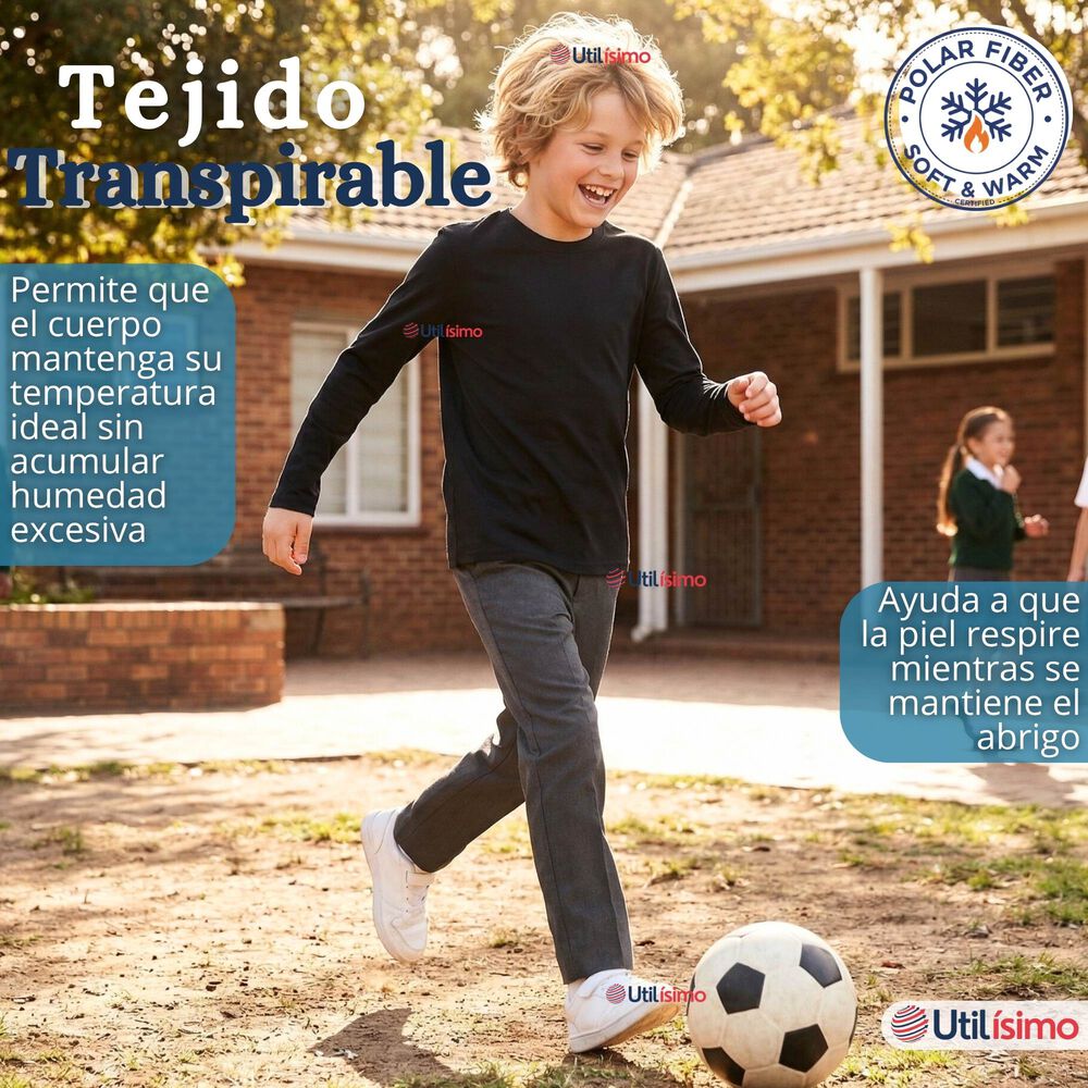 Pack 3 Poleras Camisetas Polar Negra Primera Capa Escolar Cuello Redondo Manga Larga Ni&ntilde;o image number 5.0