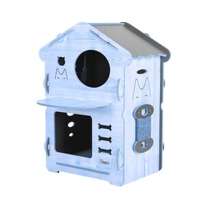 Casa Gatos Perros Madera Torre 2 Pisos 80cm Altura Azul