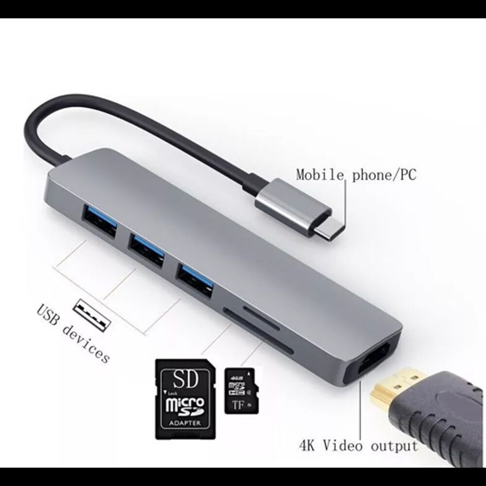 Adaptador Usb Hub Hdmi Tipo C 3 X Usb 3.0 6en1 image number 1.0