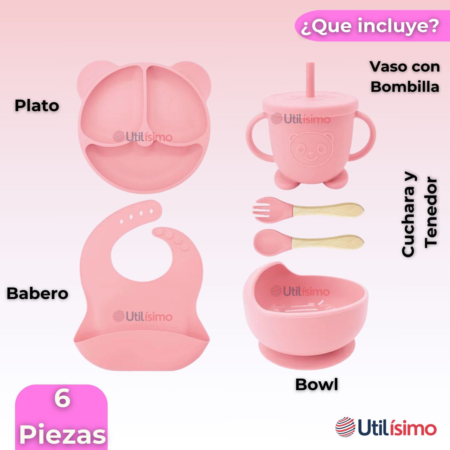 Set De Alimentaci&oacute;n Beb&eacute; Silicona De Oso 6 Piezas Libre Bpa Color Rosa Claro image number 6.0