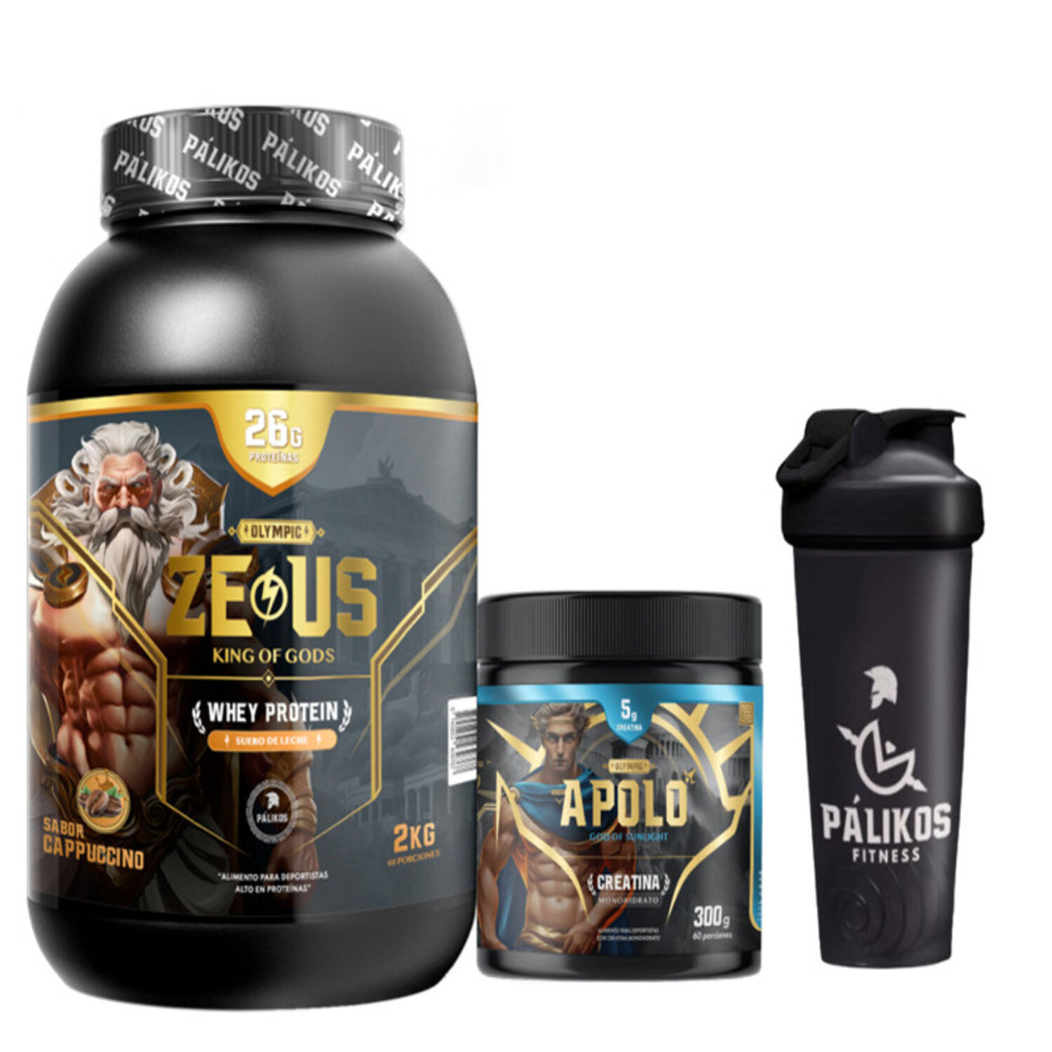 Proteina 100% Whey Zeus 2kg (sabor Cappuccino)+ Creatina Apolo 300g+ Shaker image number 0.0