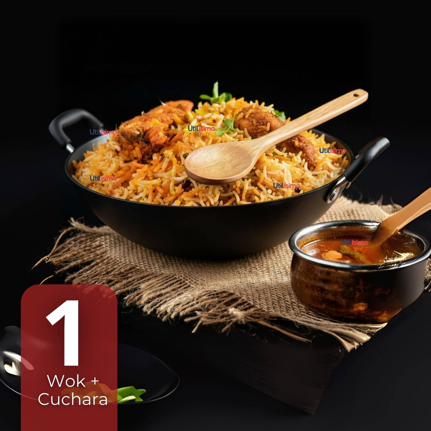 Wok Chino Acero Inoxidable Antiadherente 34cm+ Cuchara De Madera De Bamb&uacute; image number 0.0