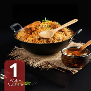 Wok Chino Acero Inoxidable Antiadherente 34cm+ Cuchara De Madera De Bamb&uacute;