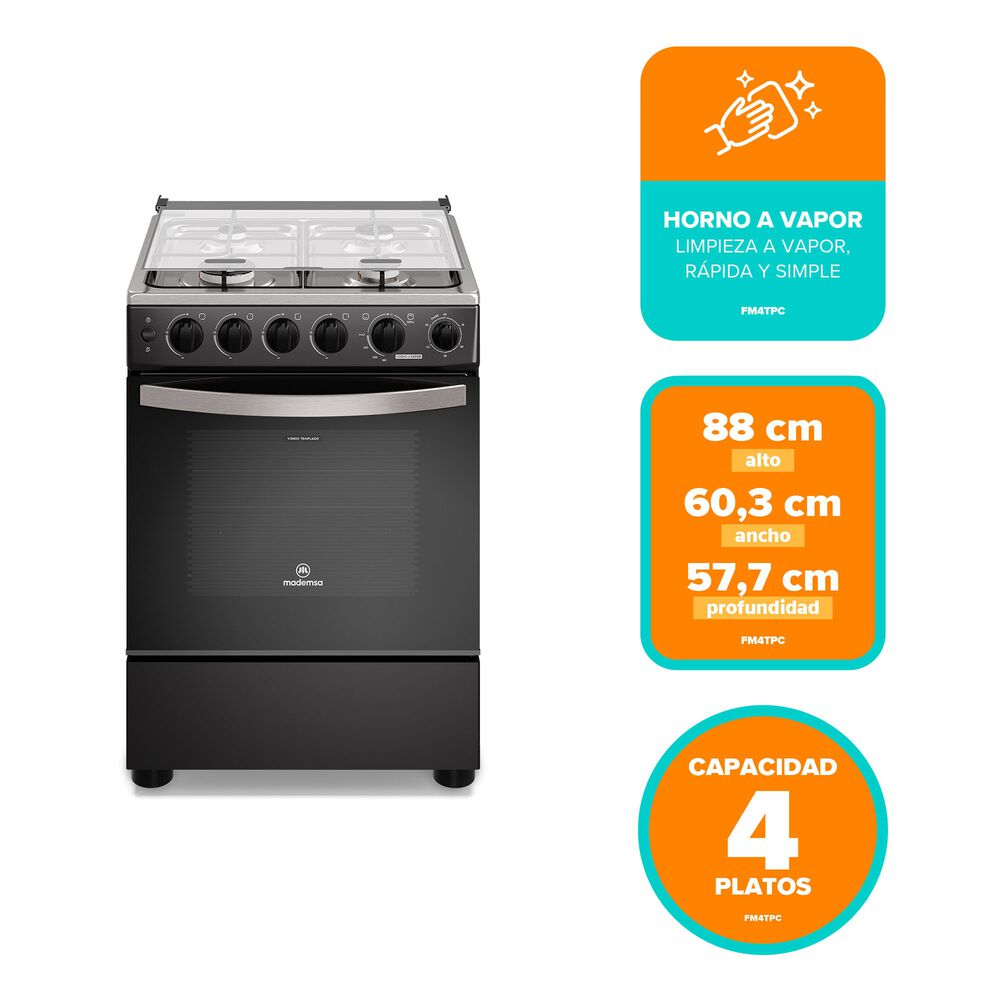 Cocina A Gas 4 Platos Horno Vapor Y Temporizador Fm4tpc Negra image number 3.0