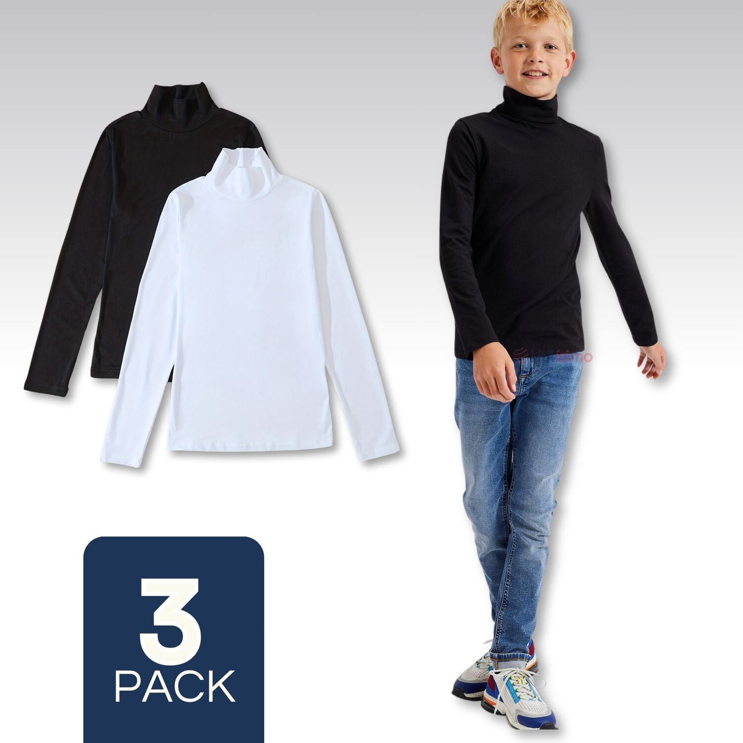 Pack 3 Camisetas Polera Polar Manga Larga Ni&ntilde;o Primera Capa Blanco Negro image number 0.0