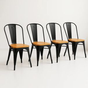 Pack De 4 Sillas Tolix Con Asiento De Madera Clara - Negras