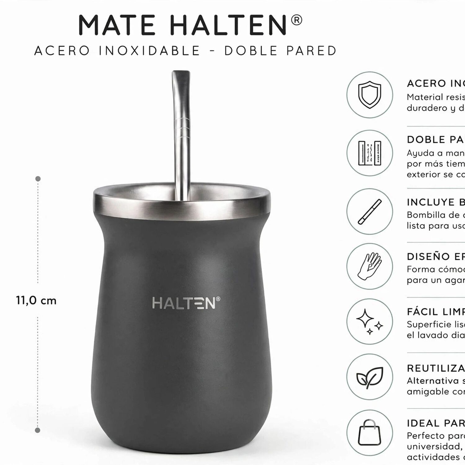 Mate T&eacute;rmico De Acero Inoxidable 300 Ml Con Bombilla Conserva Calor 1 Hora Y Fr&iacute;o 6 Horas Color Gris image number 1.0