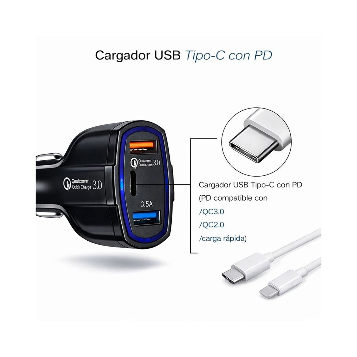 Cargador R&aacute;pido Auto Doble Usb + Tipo C Qc 3.0 image number 6.0