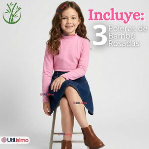 Pack 3 Poleras Camisetas Bamb&uacute; Rosadas Cuello Beatle Primera Capa Manga Larga Ni&ntilde;a