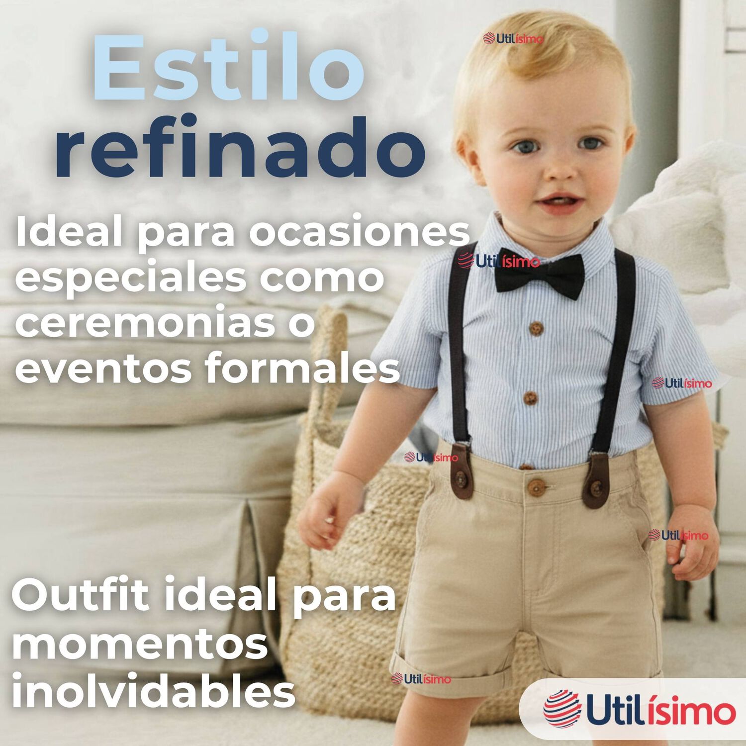 Conjunto Traje De Vestir Con Tirantes Camisa De Rayas Short Algod&oacute;n Bebes image number 6.0