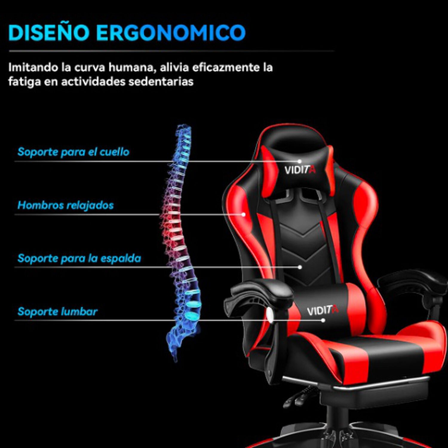 Silla Gamer Ergon&oacute;mica Rojo image number 3.0