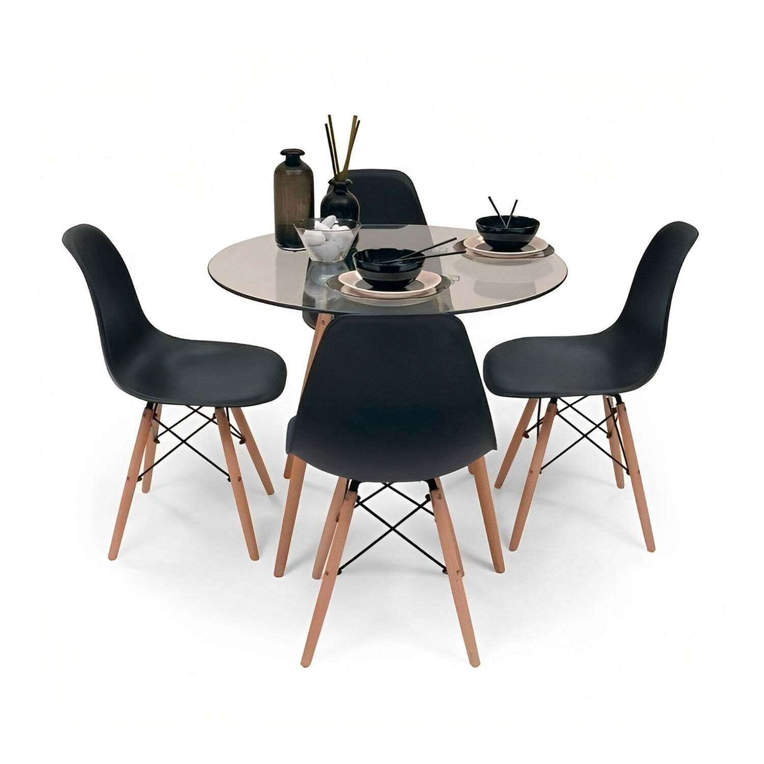 Comedor Mesa Eames Vidrio 80cm + 4 Sillas Eames Negras image number 0.0