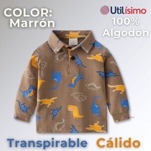 Polera Piqu&eacute; Manga Larga Ni&ntilde;o Con Estampado De Dinosaurios Marr&oacute;n