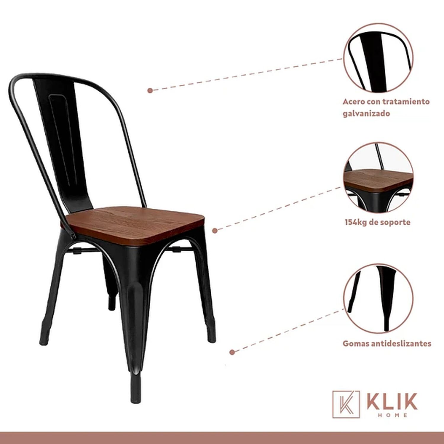 Comedor Industrial 160x90 Oscura + 6 Sillas Tolix Negras Con Asiento De Madera Oscura Walnut image number 3.0