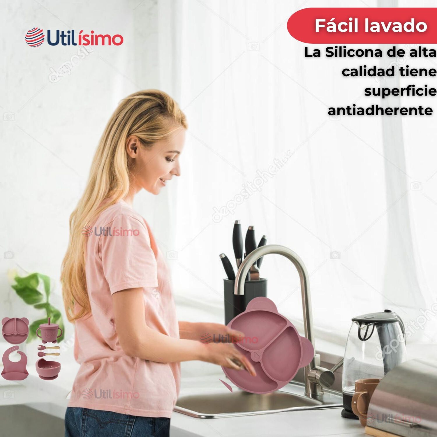 Set De Alimentaci&oacute;n Beb&eacute; Silicona De Oso 6 Piezas Libre Bpa Color Rosa Oscuro image number 8.0