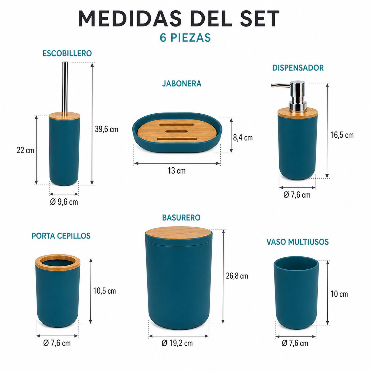 Set De Ba&ntilde;o Completo 6 Piezas De Abs Y Bambu Moderno Color Turquesa image number 7.0