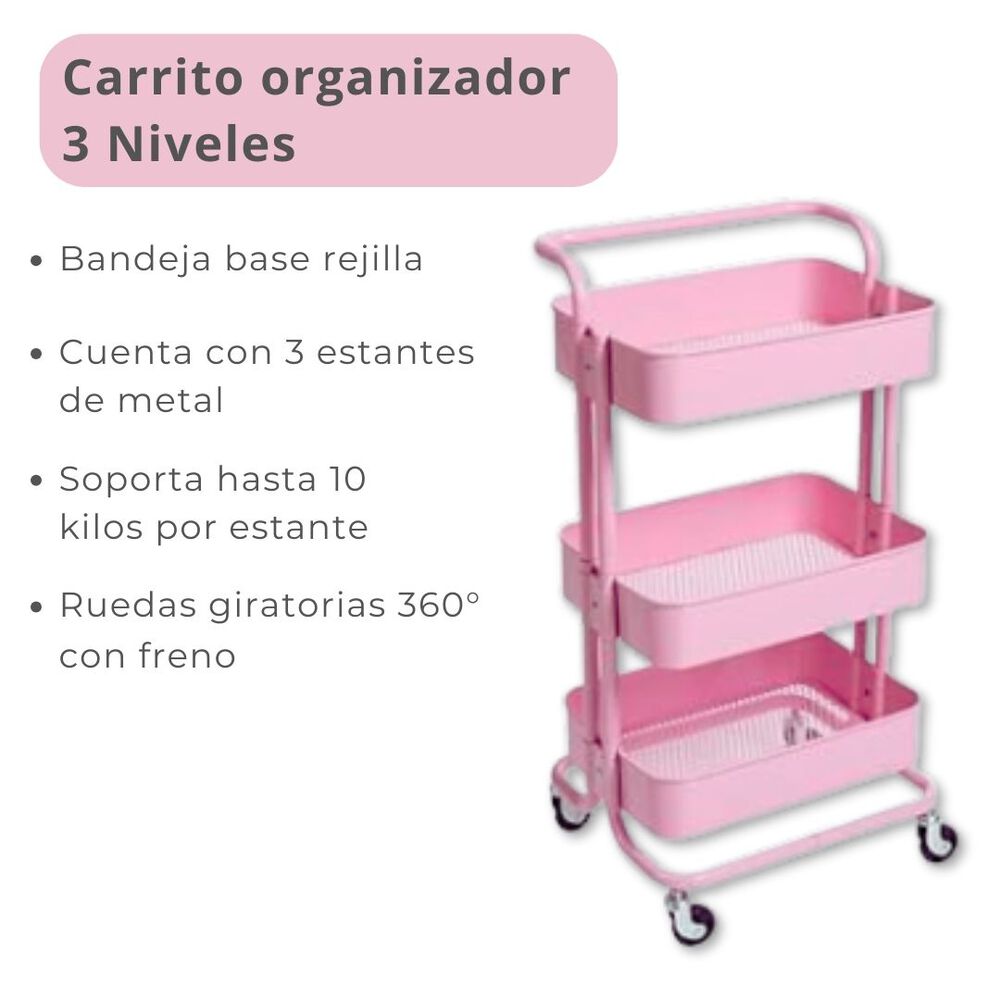 Carrito De Almacenamiento Organizador 3 Niveles Con Ruedas Color Rosado image number 3.0
