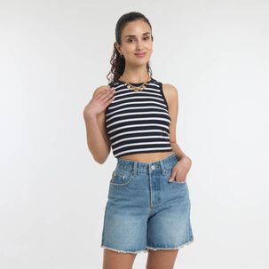 Polera Crop Rayas Marineras Sin Mangas Cuello Redondo Mujer Freedom