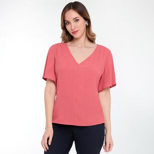 Blusa Lisa Manga Corta Con Aplicación Recogido En Hombros Cuello V Mujer Lesage