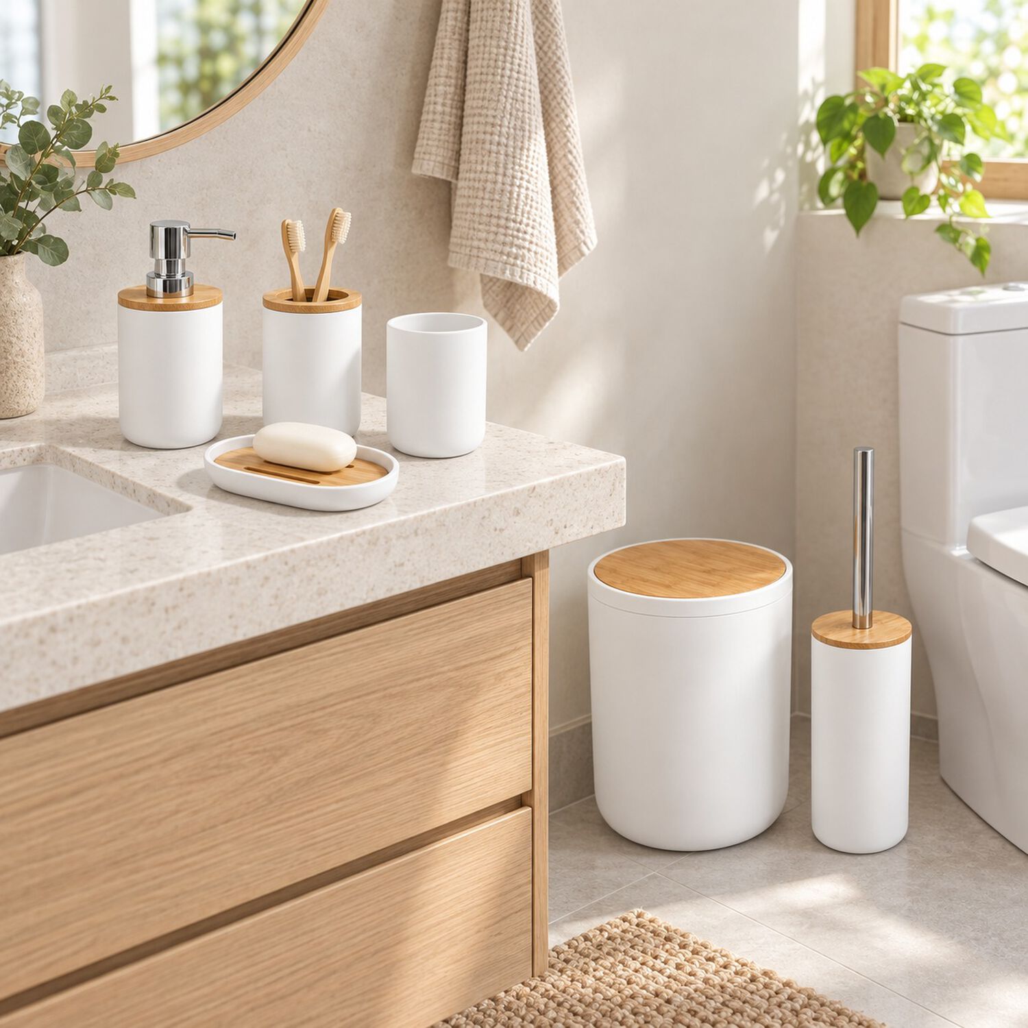 Set De Ba&ntilde;o Completo 6 Piezas De Abs Y Bambu Con Basurero Dispensador Y Escobilla Color Blanco image number 2.0