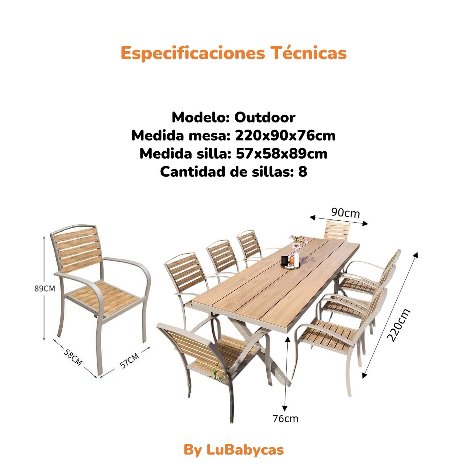 Juego De Comedor Exteriores 220cm Y 8 Sillas Impermeables image number 14.0