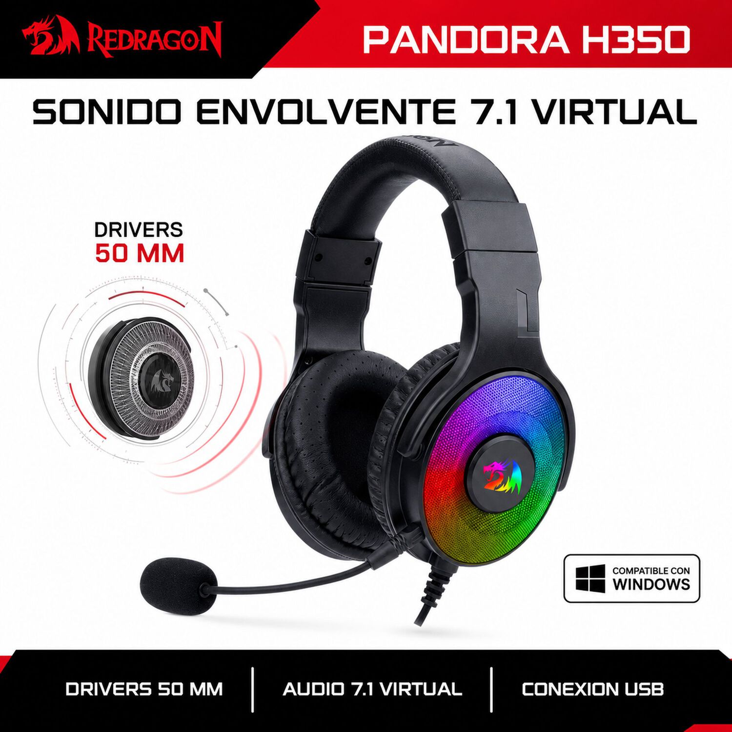 Audifonos Usb Redragon Pandora Audio 7.1 Envolvente Multiplataformas image number 5.0