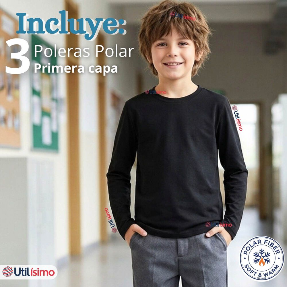 Pack 3 Poleras Camisetas Polar Negra Primera Capa Escolar Cuello Redondo Manga Larga Ni&ntilde;o image number 1.0