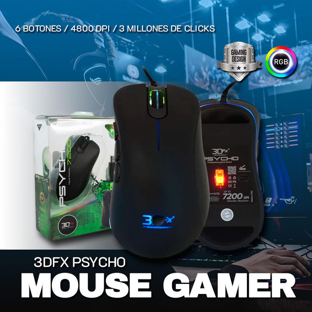 Mouse Gamer 3dfx Psycho 8795 6 Botones 7200dpi Usb Negro image number 3.0