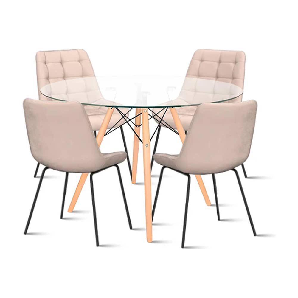 Comedor Mesa Eames 80cm Redonda Vidrio + 4 Silla Macron Terciopelo - Beige image number 0.0
