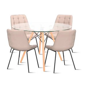 Comedor Mesa Eames 80cm Redonda Vidrio + 4 Silla Macron Terciopelo - Beige