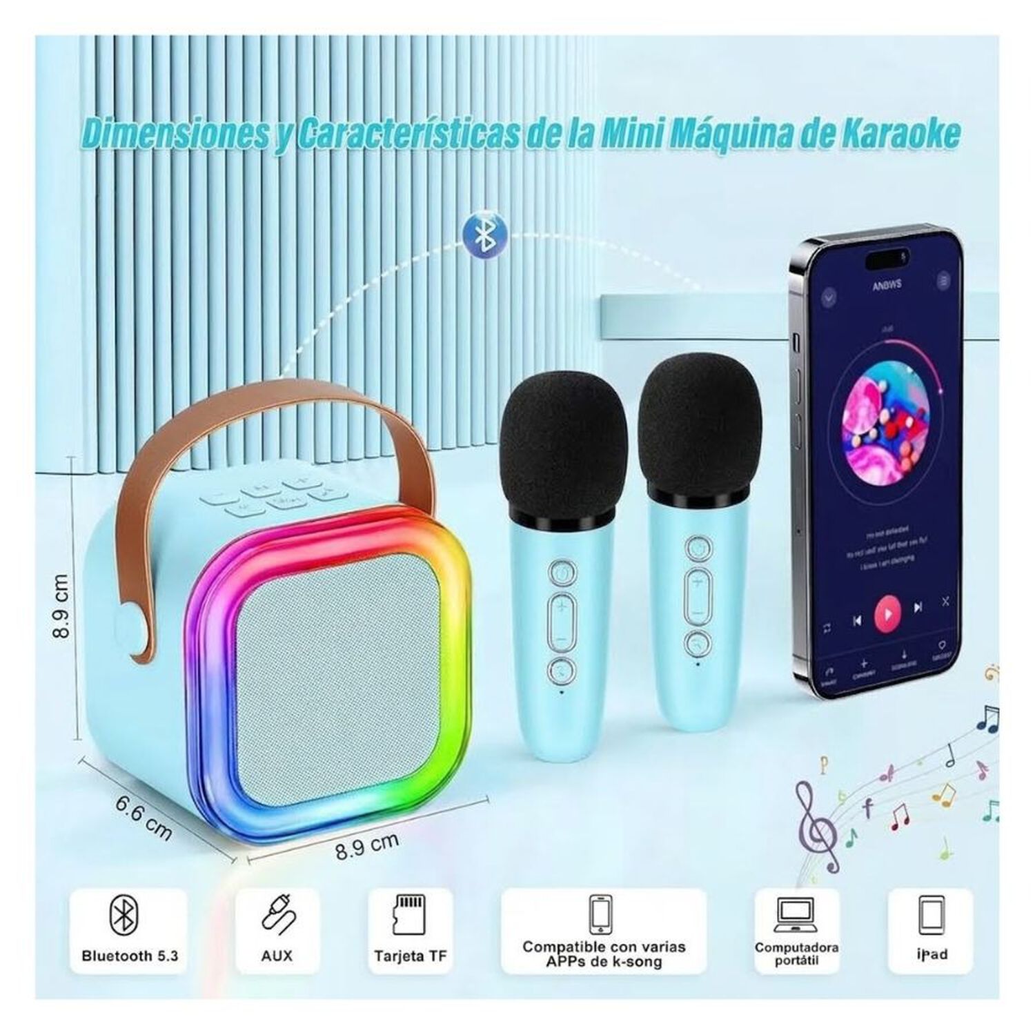 Mini Karaoke Bluetooth Con 2 Micr&oacute;fonos Inal&aacute;mbricos Luces Led Azul image number 2.0