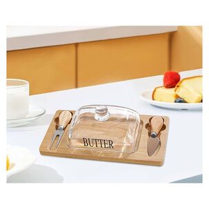 Set Mantequillera De Vidrio Con Base De Madera 3 Piezas