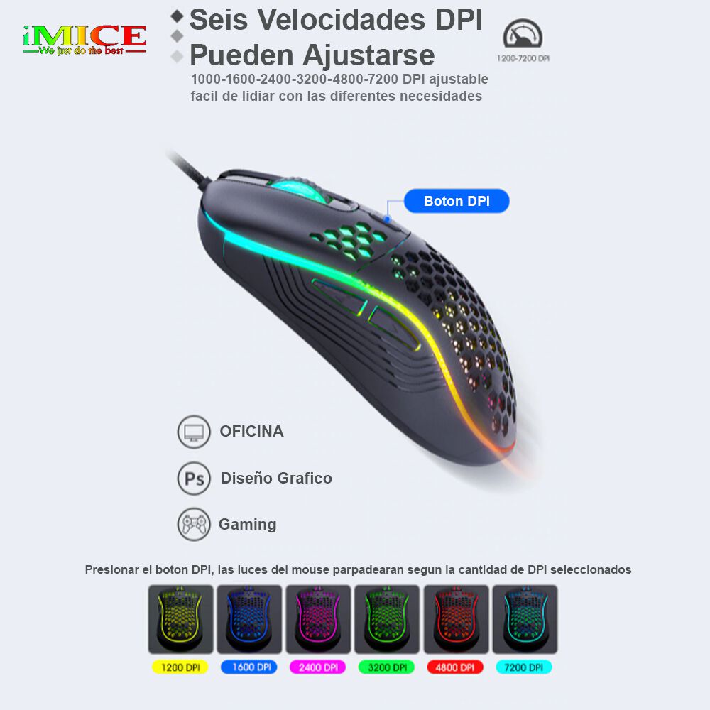 Mouse Gamer Premium Imice T98 Rgb 7200 Dpi Honeycomb Usb image number 5.0