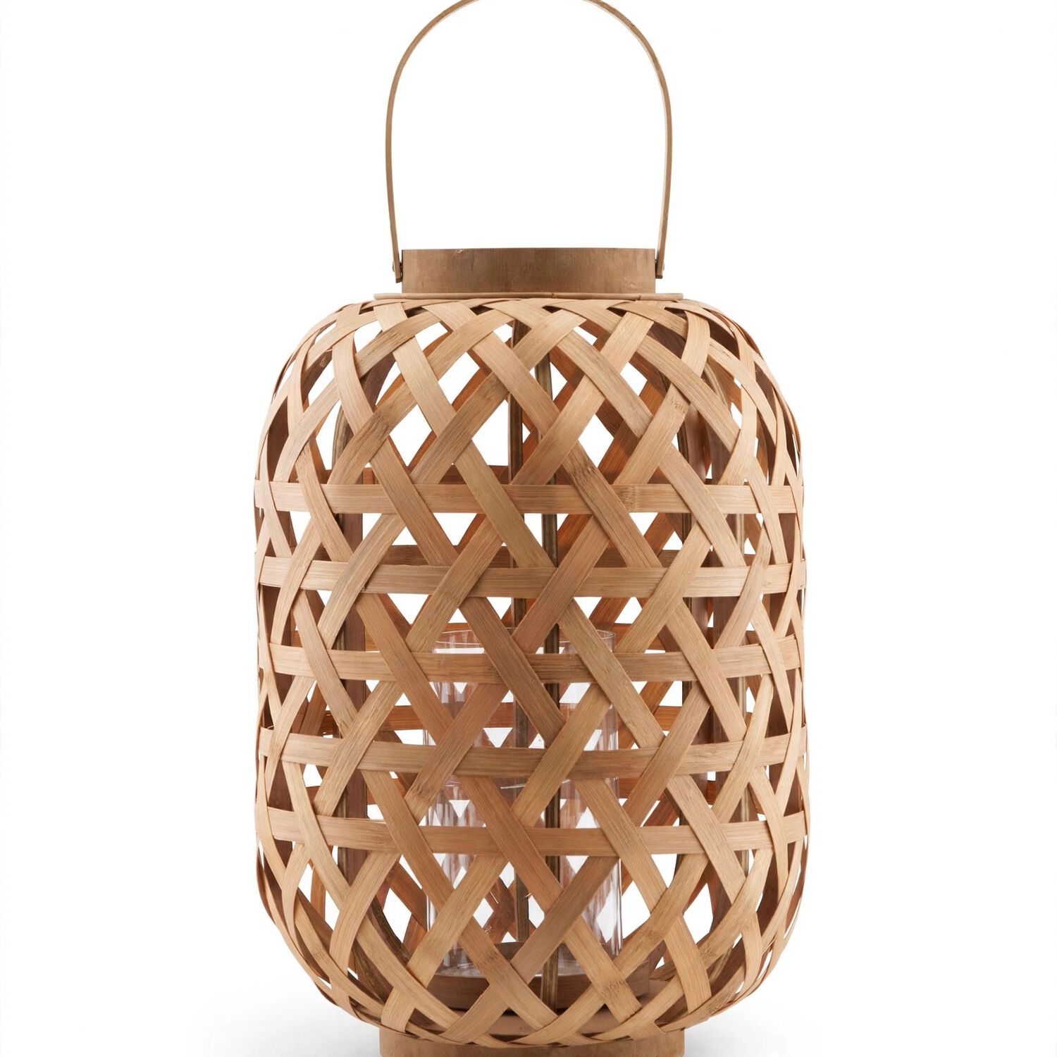 Farol Decorativo Cil&iacute;ndrico De Bamb&uacute; Con Asa Y Porta Velas 24cm Natural image number 1.0