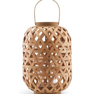 Farol Decorativo Cil&iacute;ndrico De Bamb&uacute; Con Asa Y Porta Velas 24cm Natural