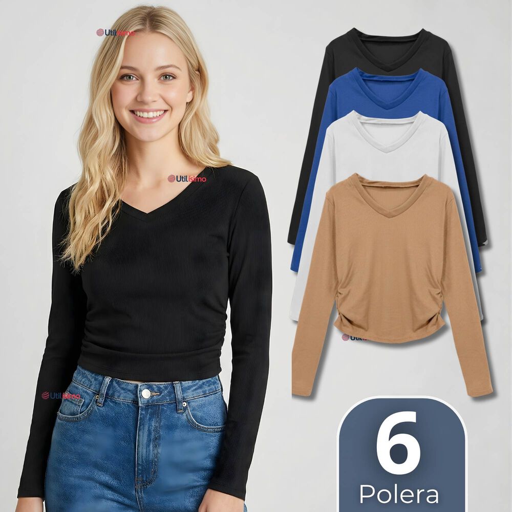 Pack 6 Camisetas Polar Polera Cuello V Mujer Manga Larga Tela Acanalada Colores Surtidos image number 0.0