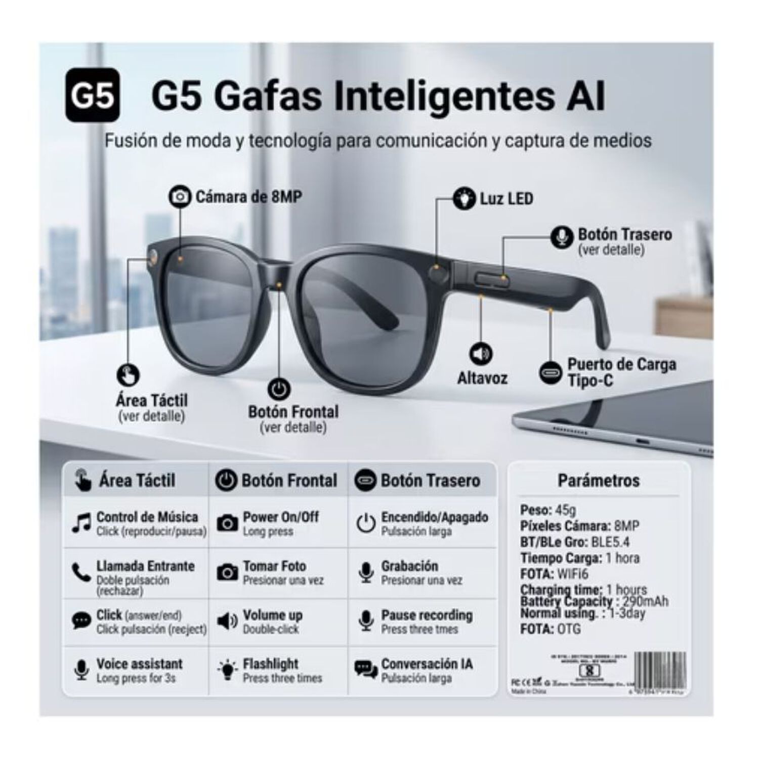 Lentes Inteligentes G5 Con Camara 8mp Y Asistente Ai image number 3.0