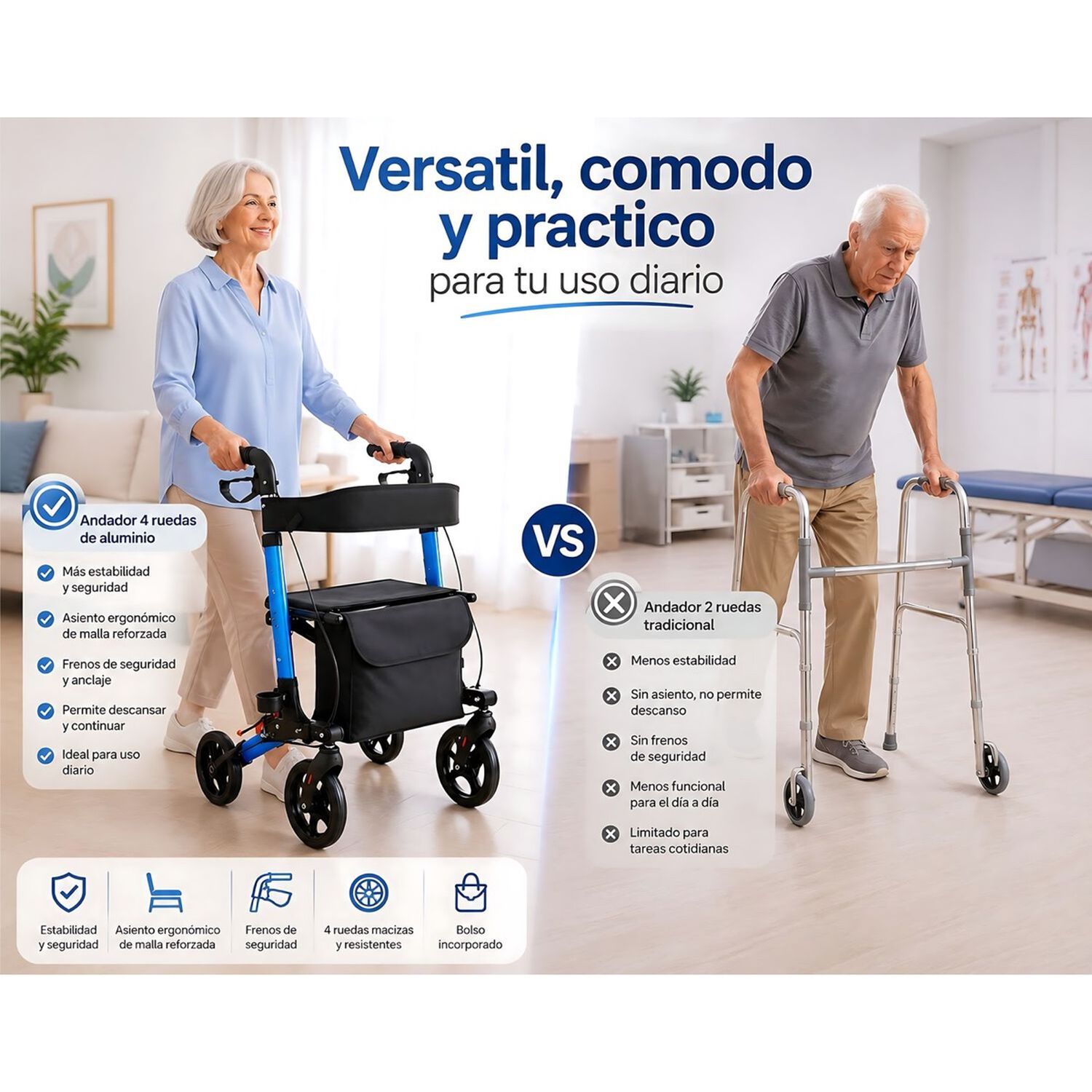 Andador Burrito Ortop&eacute;dico Adulto Mayor 4 Ruedas Con Asiento Frenos Y Bolso Plegable Aluminio 1002b image number 1.0