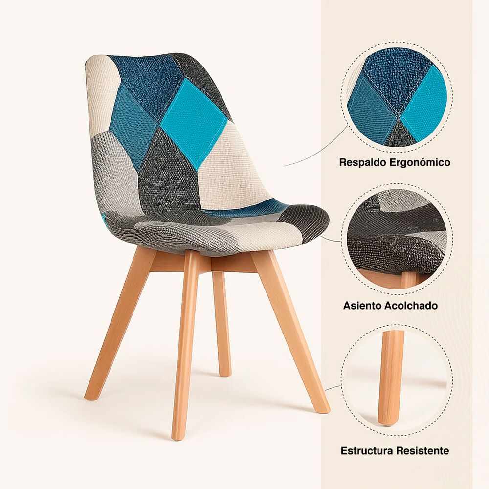 Comedor Mesa Eames Redonda Vidrio 80cm + 4 Sillas Eames Patchwork Tela Wood Celeste image number 6.0