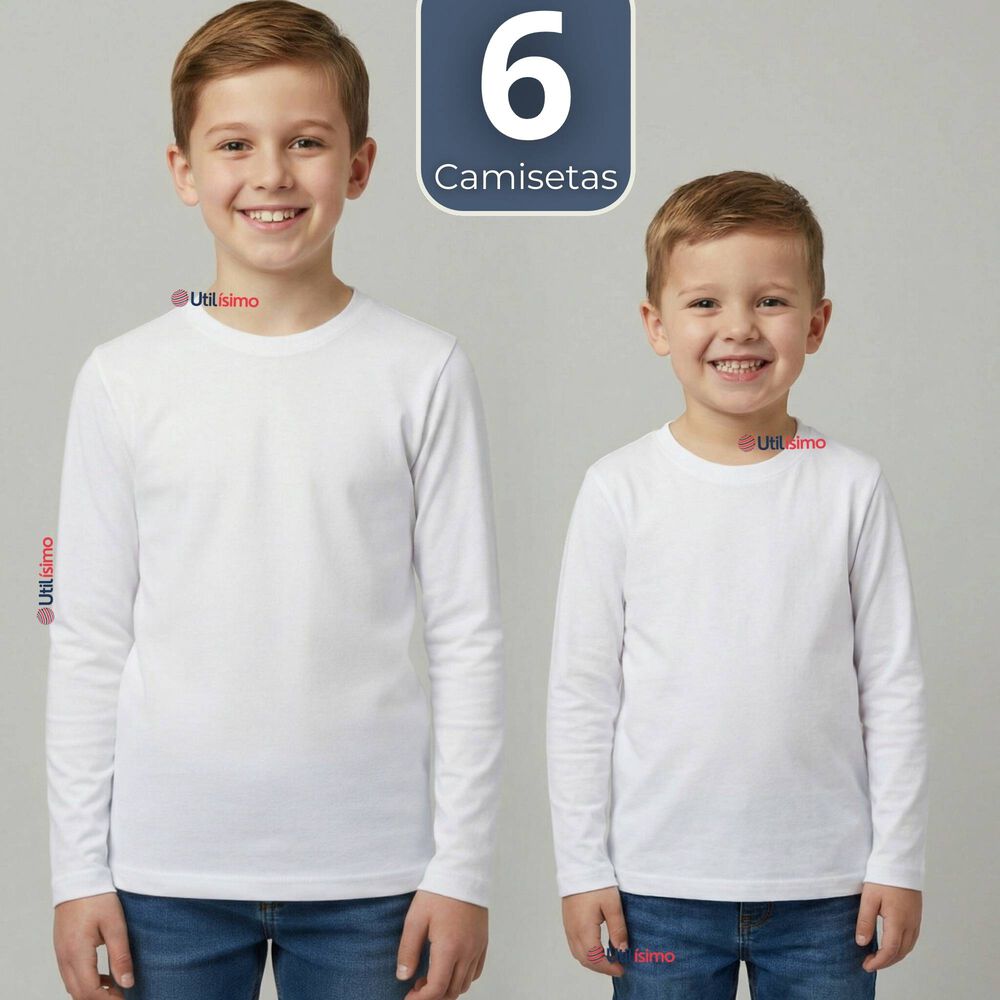 Pack 6 Camisetas Algod&oacute;n Manga Larga Polera Primera Capa Blanco Ni&ntilde;o image number 0.0