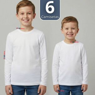 Pack 6 Camisetas Algod&oacute;n Manga Larga Polera Primera Capa Blanco Ni&ntilde;o