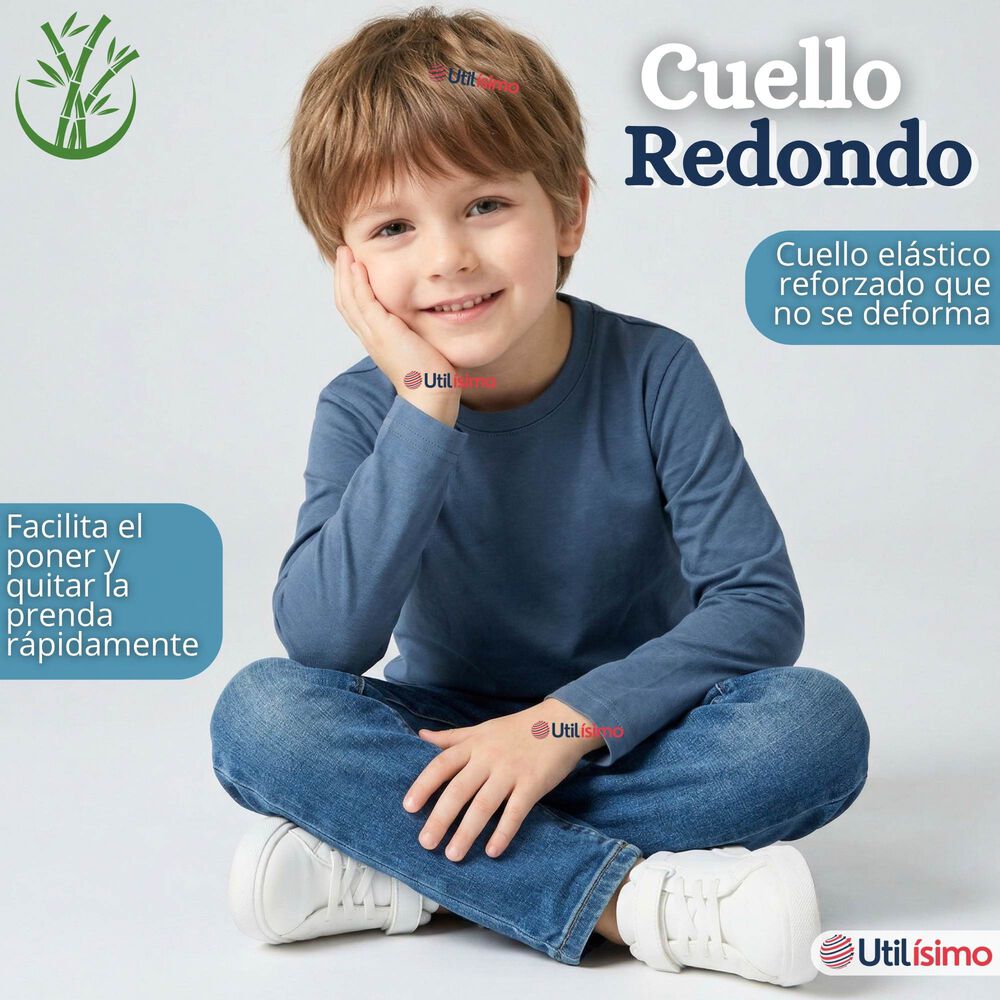 Polera Camiseta Bamb&uacute; Azul Claro Cuello Redondo Primera Capa Manga Larga Ni&ntilde;o image number 6.0