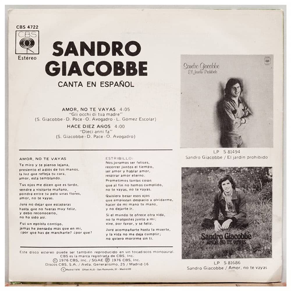 Sandro Giacobbe - Amor No Te Vayas(en Espa&ntilde;ol) | 7" Single Vinilo Usado image number 1.0