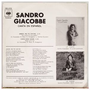 Sandro Giacobbe - Amor No Te Vayas(en Espa&ntilde;ol) | 7" Single Vinilo Usado