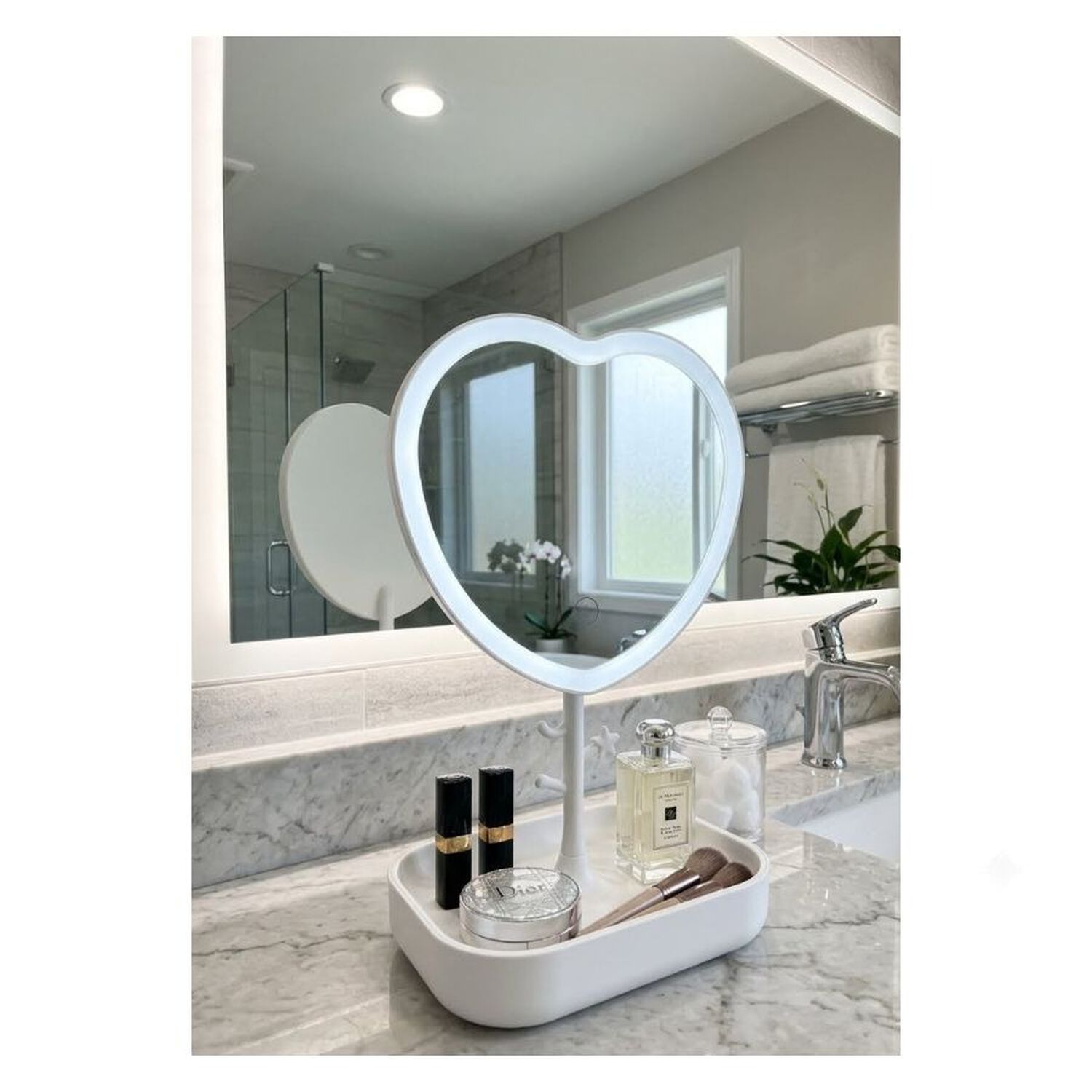 Espejo Maquillaje Led Coraz&oacute;n Blanco Con Base Organizadora Usb image number 2.0