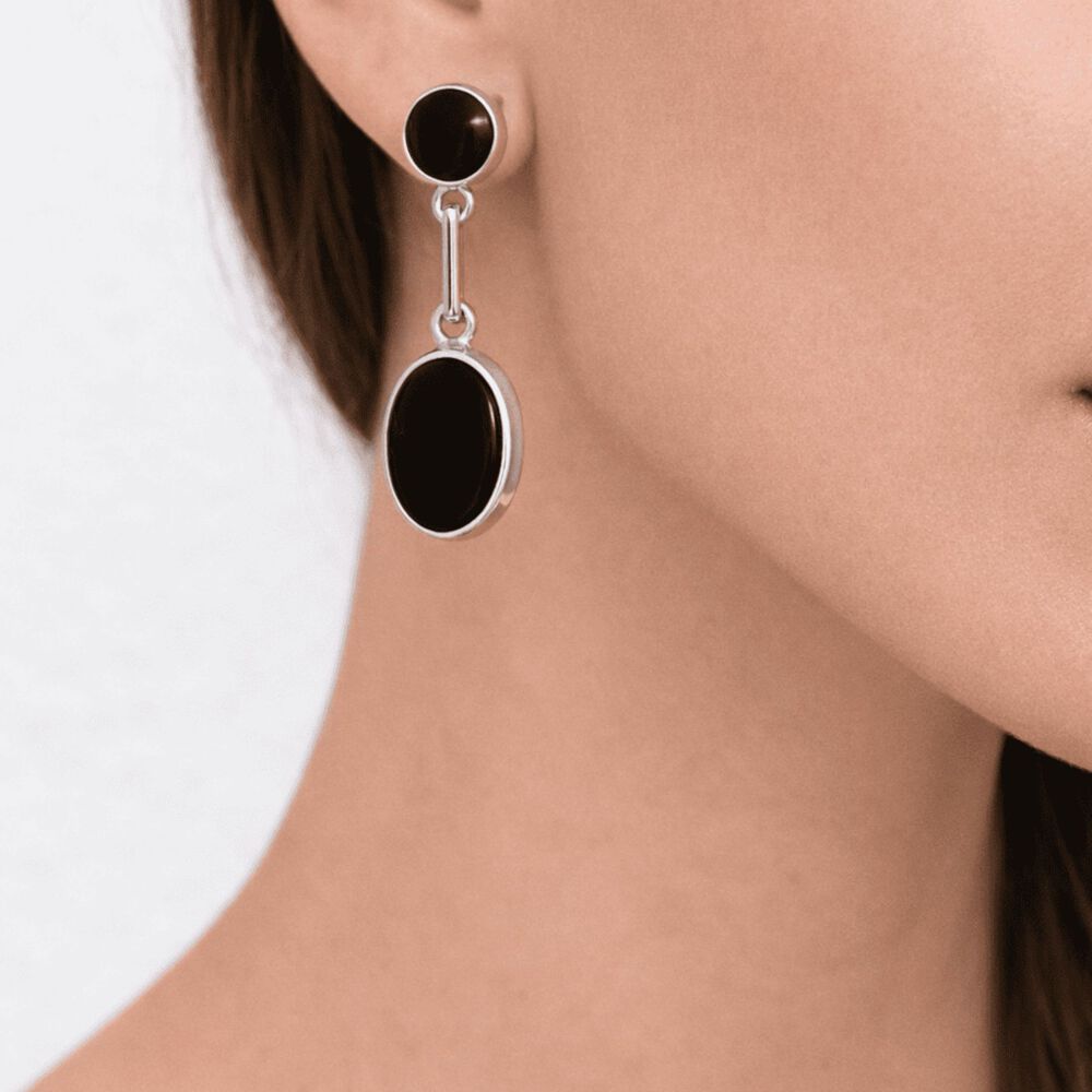 Aros &Oacute;nix Ovalado Plata 950 Atornillados Colgantes Mujer Elegantes Piedra Negra image number 2.0