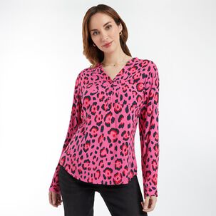 Blusa Estampada Manga Larga Roll Up Cuello Mao Mujer Lesage