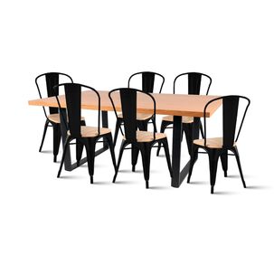 Comedor Industrial 140x90 Madera Clara + 6 Sillas Tolix Negras Con Asiento De Madera Clara