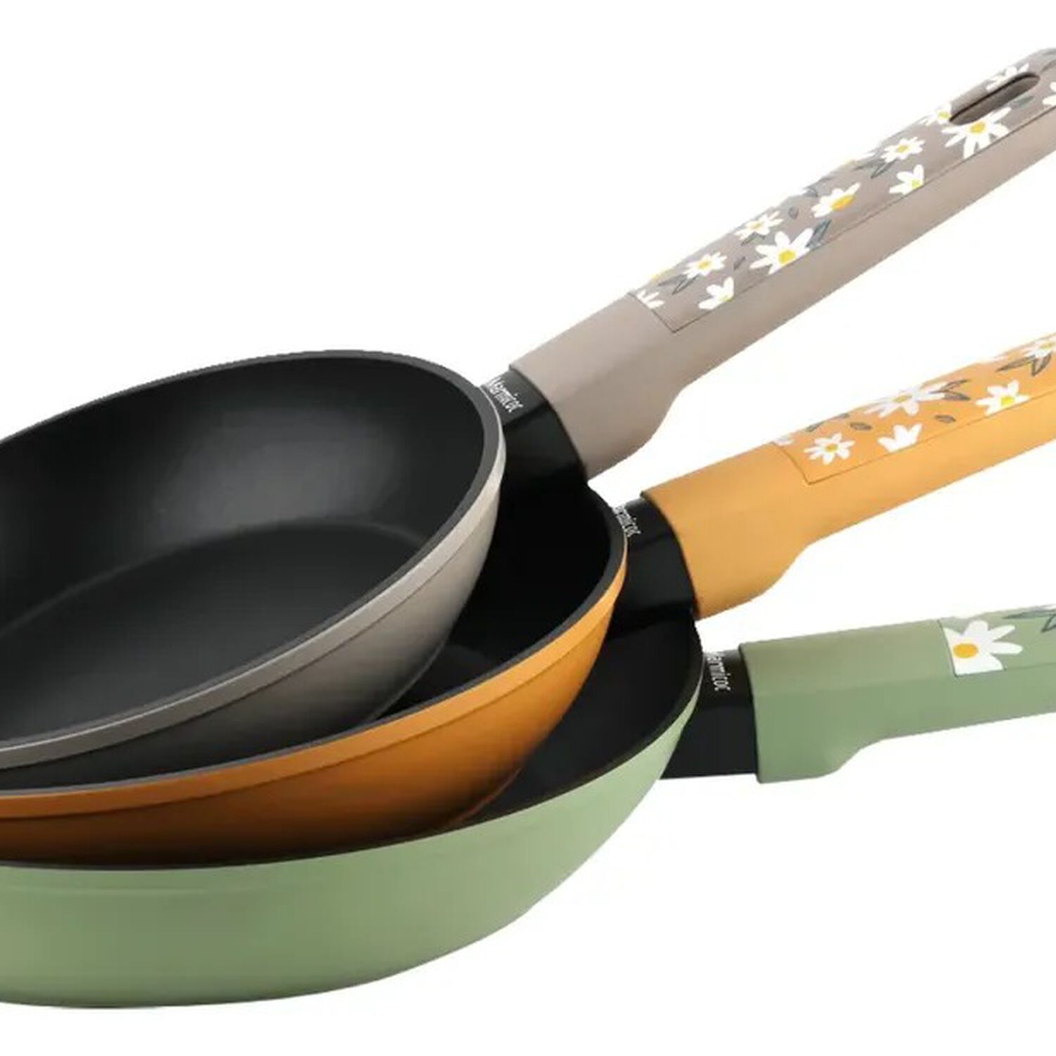 Set De 3 Sartenes Antiadherentes Aluminio Forjado 182226 Cm Modelo Flowers Marca Marmicoc Colores Gris Naranja Y Verde image number 1.0