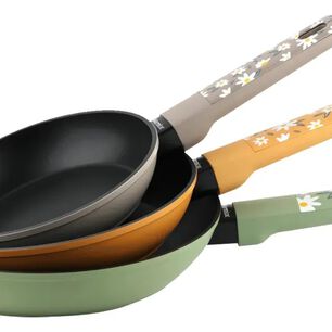 Set De 3 Sartenes Antiadherentes Aluminio Forjado 182226 Cm Modelo Flowers Marca Marmicoc Colores Gris Naranja Y Verde